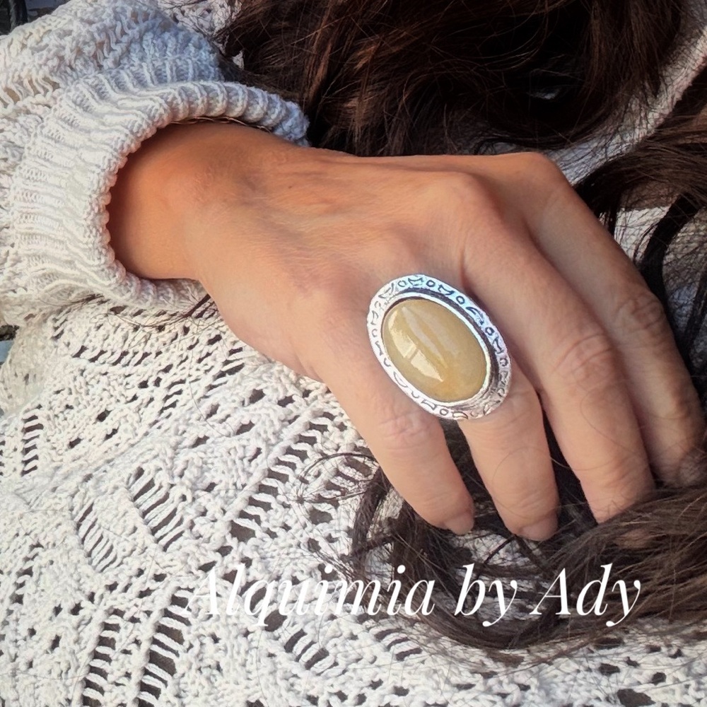 Museum Yellow Jade Ring Ornate Silver Scrollwork, 2" Stone
